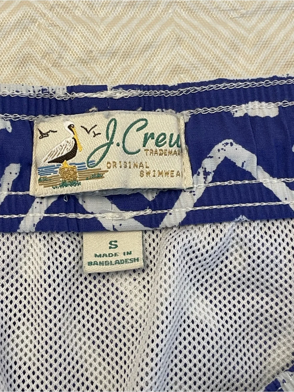 J. Crew Blue & White Geometric Swim Trunks with Orange Drawstring